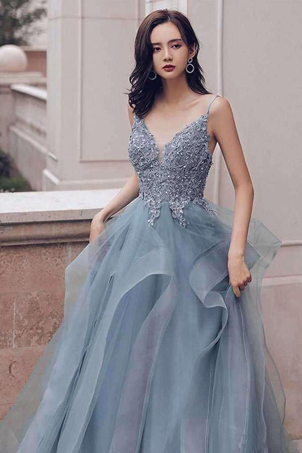 Lace Appliqued Prussian Blue Organza Prom Dress With Ruffles