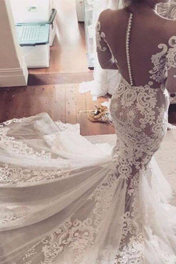 
                      
                        See Through Mermaid Wedding Dress Long Sleeve Lace Bridal Gown
                      
                    