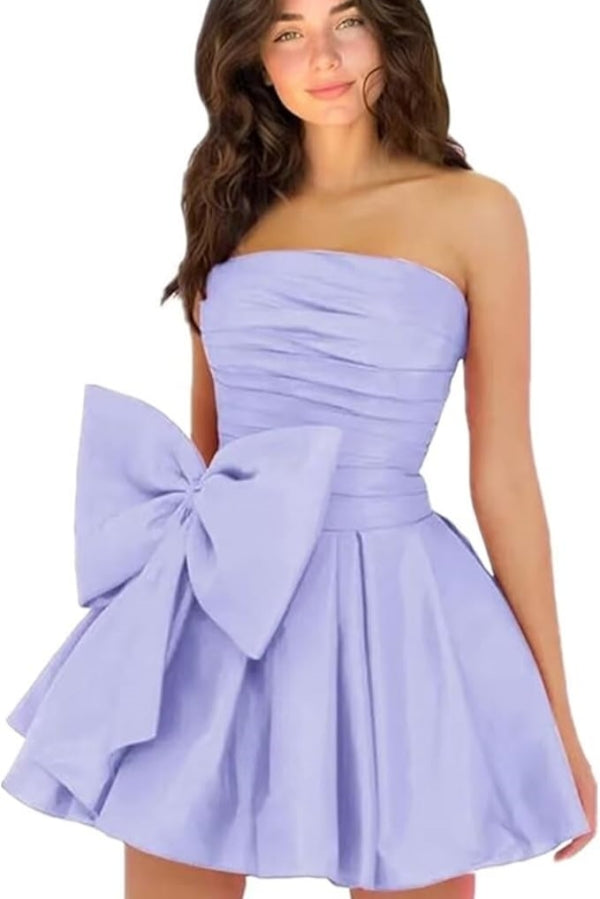 
                      
                        Sleeveless Ruched Short Homecoming Dresses Simple Mini Party Wear Dress with Bow
                      
                    