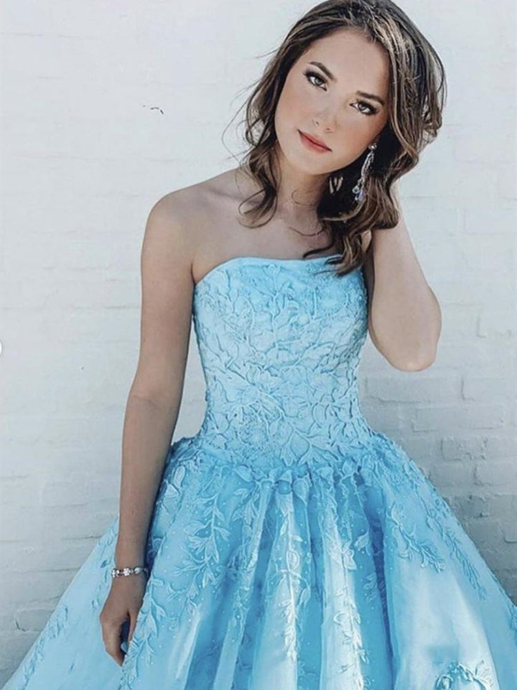 
                      
                        Light Blue A Line Strapless Lace Appliques Long Prom Dresses, Light Blue Lace Formal Dresses, Lace Blue Evening Dresses
                      
                    