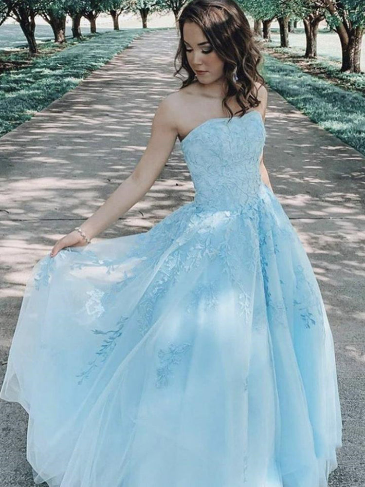 
                      
                        Light Blue A Line Strapless Lace Appliques Long Prom Dresses, Light Blue Lace Formal Dresses, Lace Blue Evening Dresses
                      
                    