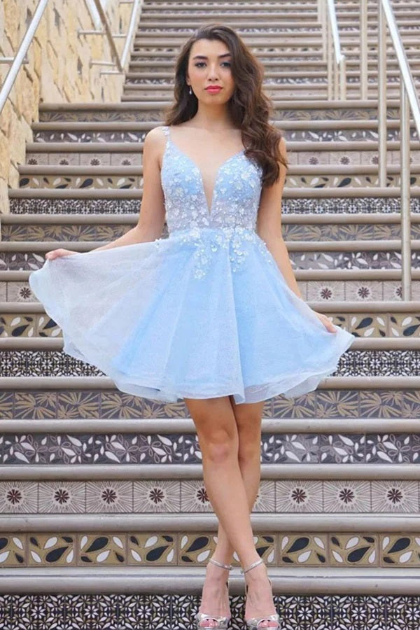 
                      
                        Light Blue Lace Floral V Neck Short Homecoming Dress
                      
                    