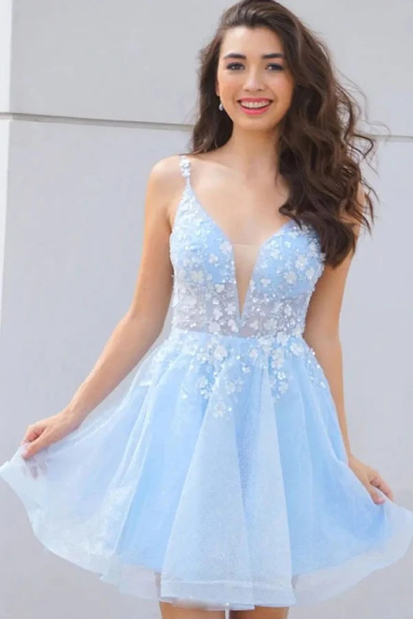 Light Blue Lace Floral V Neck Short Homecoming Dress