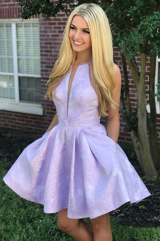 Lilac Jacquard Satin Halter Neckline Short Homecoming Dress  WD194