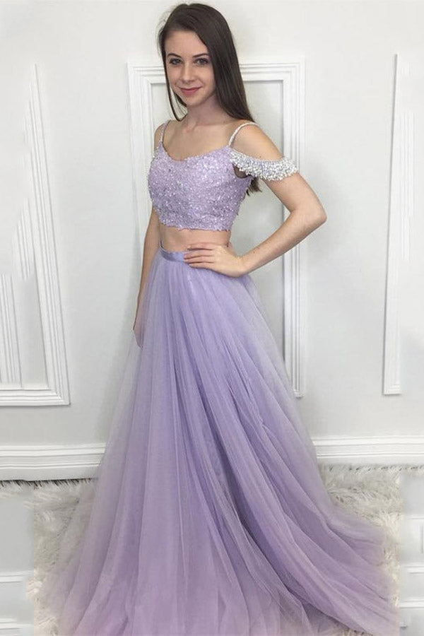 Lilac Two Piece Open Shoulder Prom Dress Beaded Party Dress