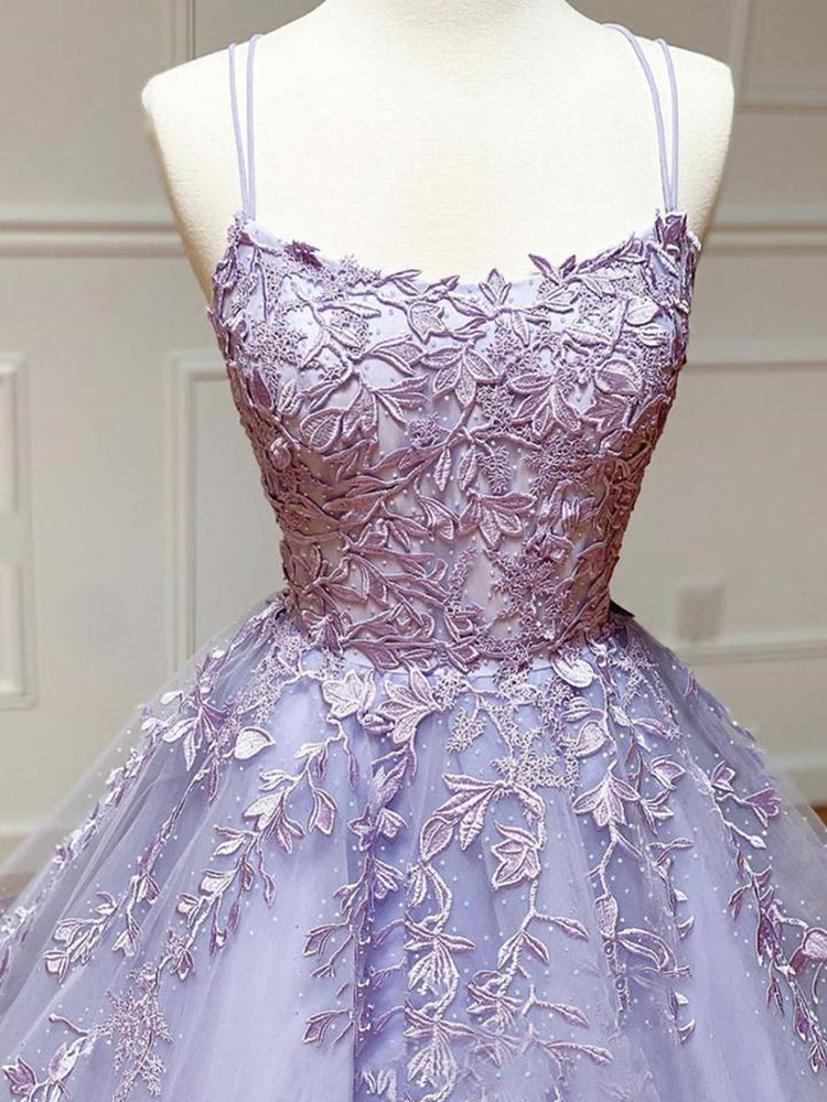 
                      
                        Long Backless Purple Lace Prom Dresses, Purple Lilac Lace Formal Graduation Evening Dresses
                      
                    