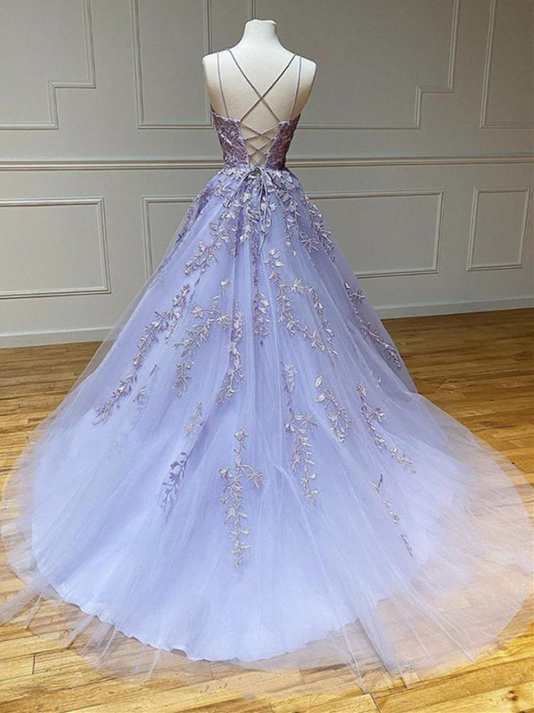 
                      
                        Long Backless Purple Lace Prom Dresses, Purple Lilac Lace Formal Graduation Evening Dresses
                      
                    