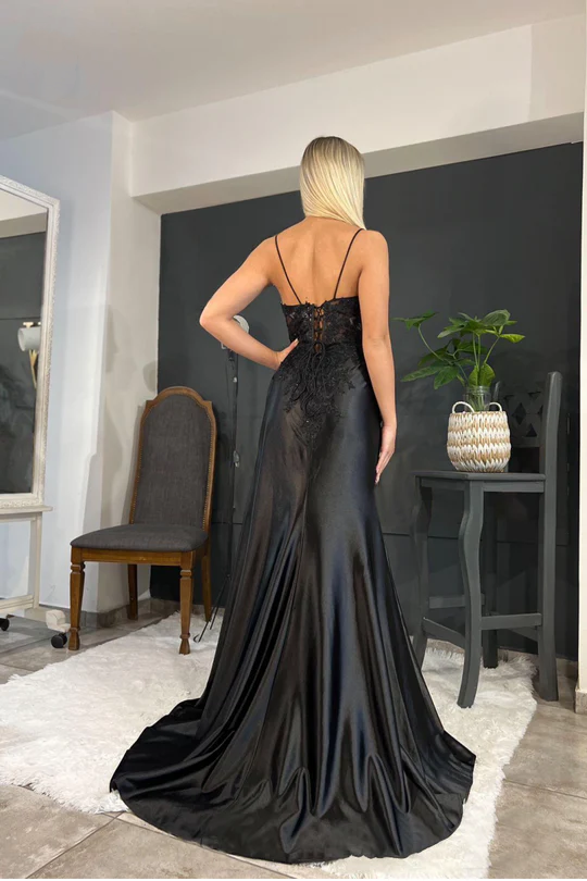 
                      
                        Long Black Lace Printed Prom Dress with High Slit
                      
                    