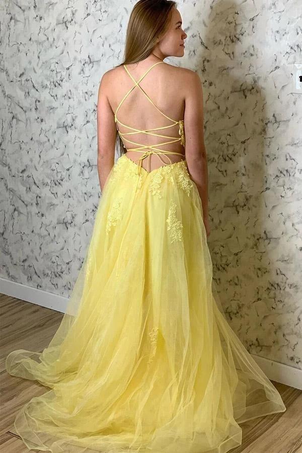 
                      
                        Long Evening Dress with Yellow Lace Appliques
                      
                    