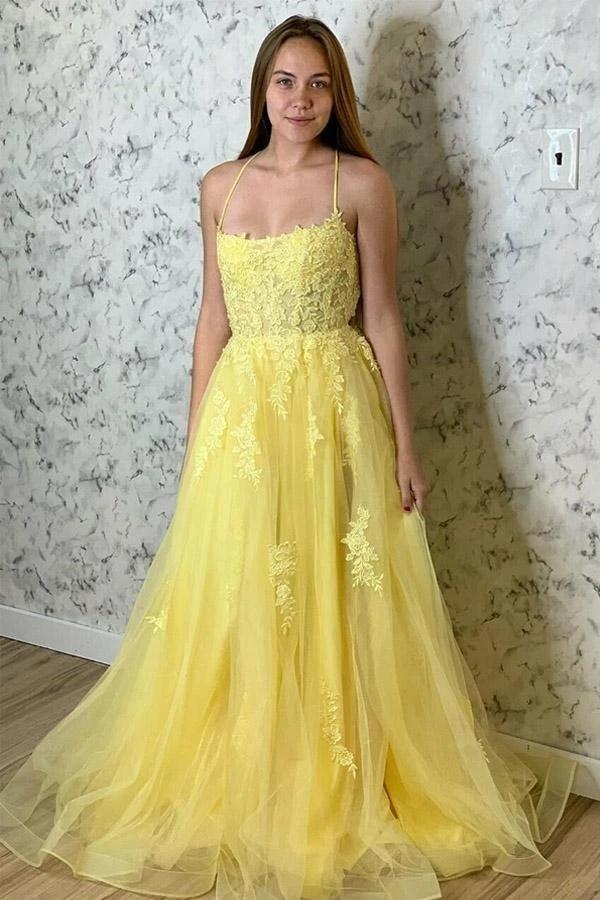 Long Evening Dress with Yellow Lace Appliques