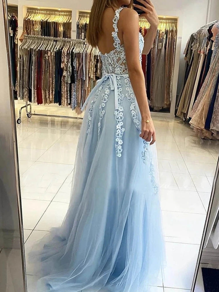 
                      
                        Long Light Blue Lace Floral Prom Dresses with Straps, Light Blue Lace Formal Graduation Evening Dresses
                      
                    