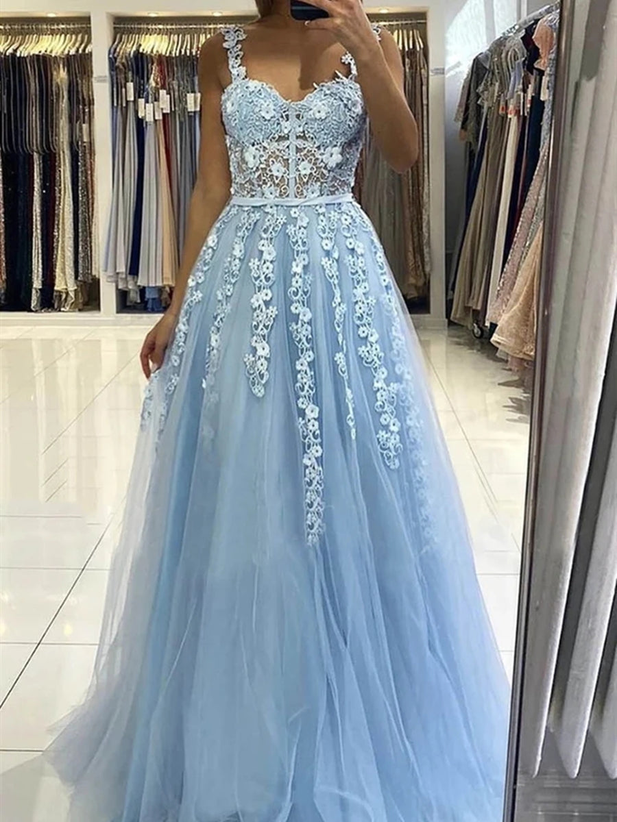 Long Light Blue Lace Floral Prom Dresses with Straps, Light Blue Lace Formal Graduation Evening Dresses