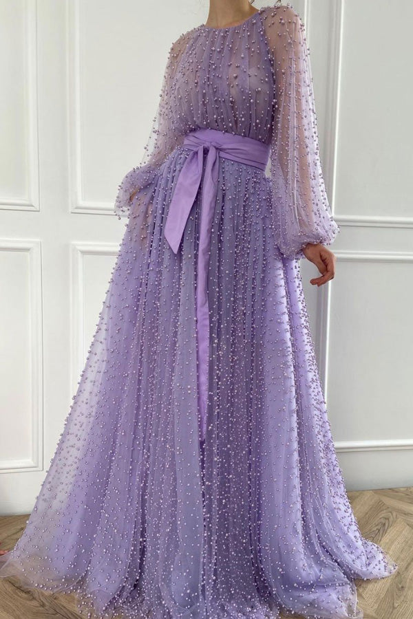Long Sleeve Beaded Prom Dress Shiny Formal Dress