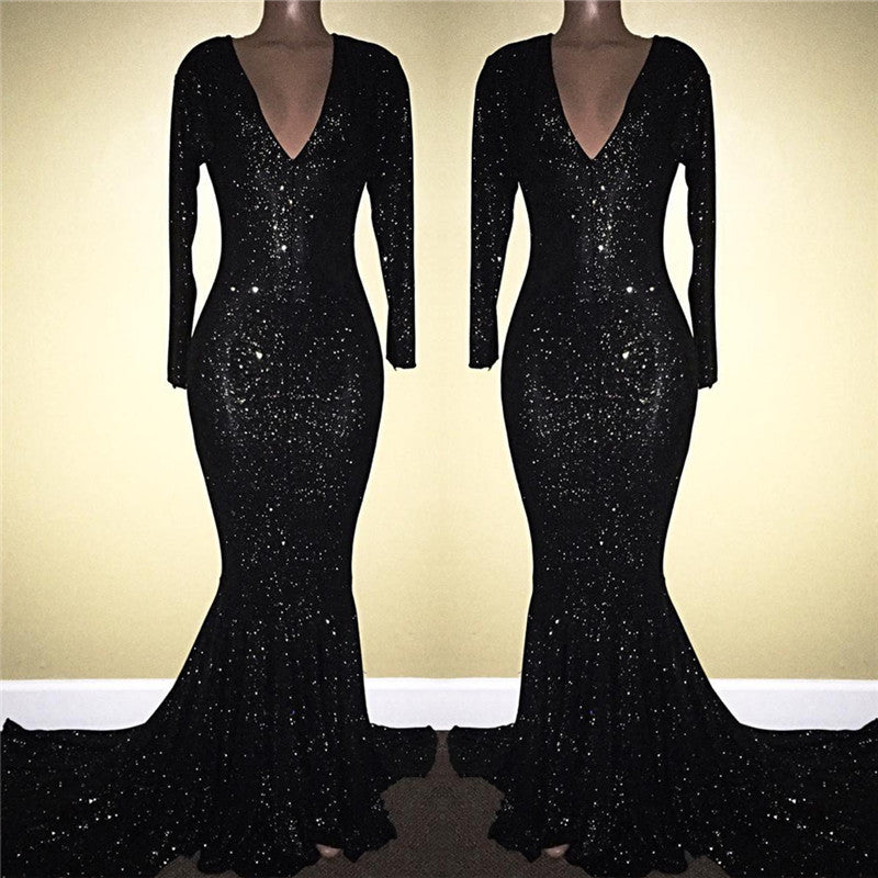 Long Sleeve Black V-Neck Mermaid Prom Dress With Sequins