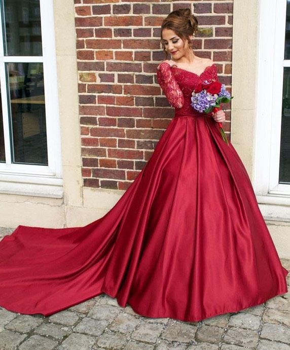 
                      
                        Long Sleeve Burgundy Satin Prom Dress Beaded Evening Dress
                      
                    