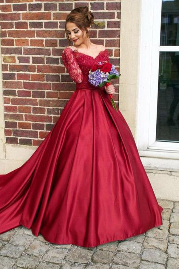 
                      
                        Long Sleeve Burgundy Satin Prom Dress Beaded Evening Dress
                      
                    