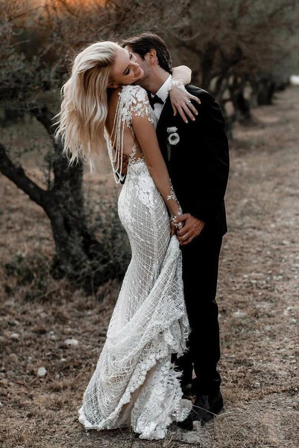 Long Sleeve Illusion Neck Lace Wedding Dress Appliqued Bridal Gown