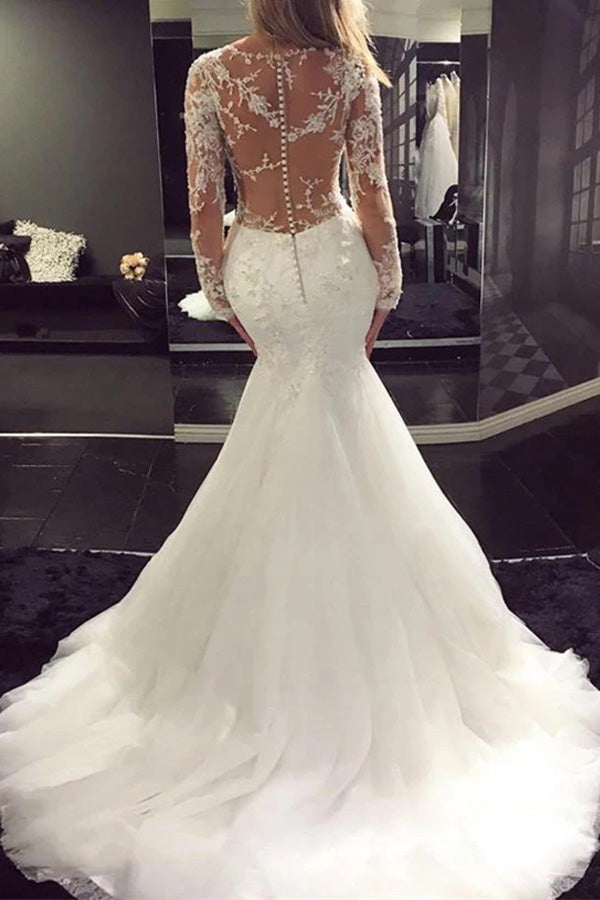 
                      
                        Long Sleeve Mermaid Tulle Wedding Dress With Lace Appliques
                      
                    