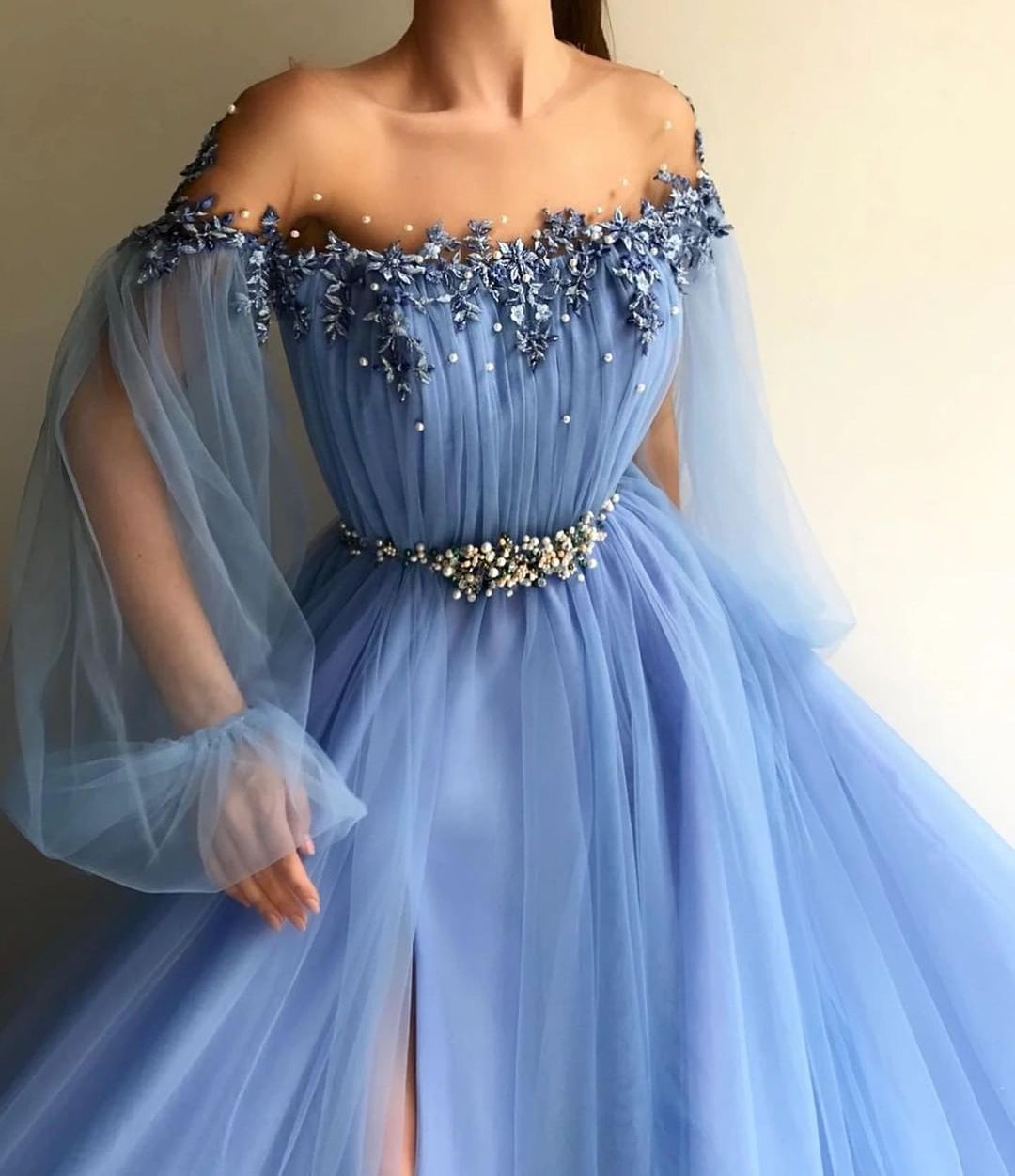 Long Sleeve Tulle Prom Dress Floral Evening Dress