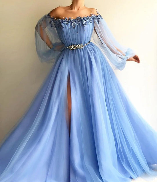 Long Sleeve Tulle Prom Dress Floral Evening Dress