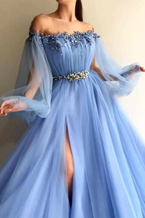 Long Sleeve Tulle Prom Dress Floral Evening Dress