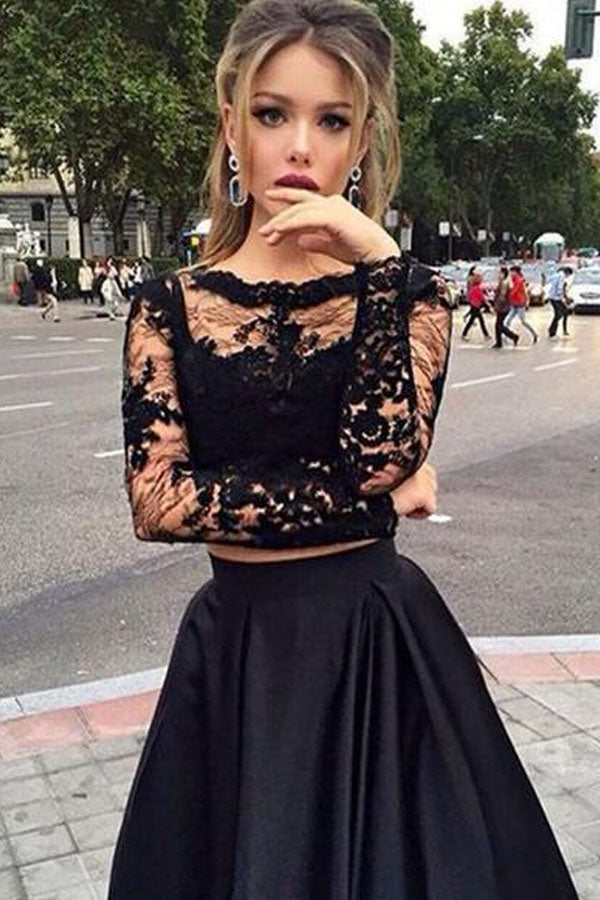 
                      
                        Long Sleeve Two Piece Prom Dress Black Satin Evening Dress
                      
                    