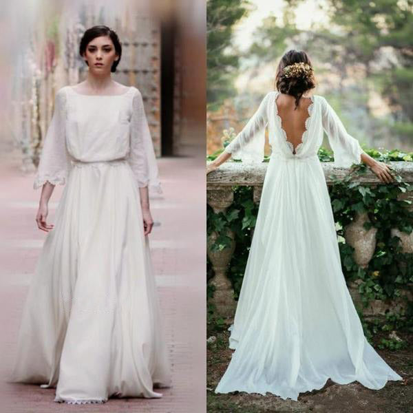 
                      
                        Long Sleeve V Back Ivory Chiffon Wedding Dress A Line Bridal Gown
                      
                    