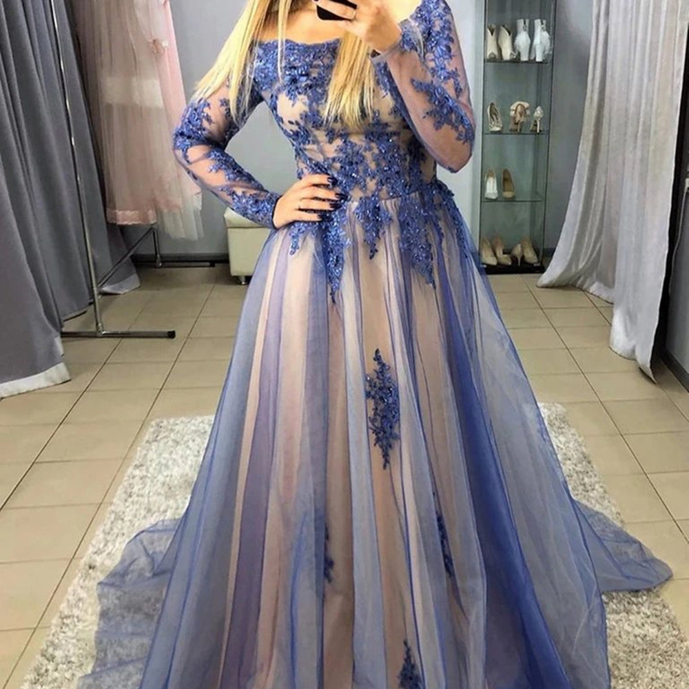 Long Sleeves Blue Lace Long Prom Dresses, Blue Lace Formal Evening Dresses