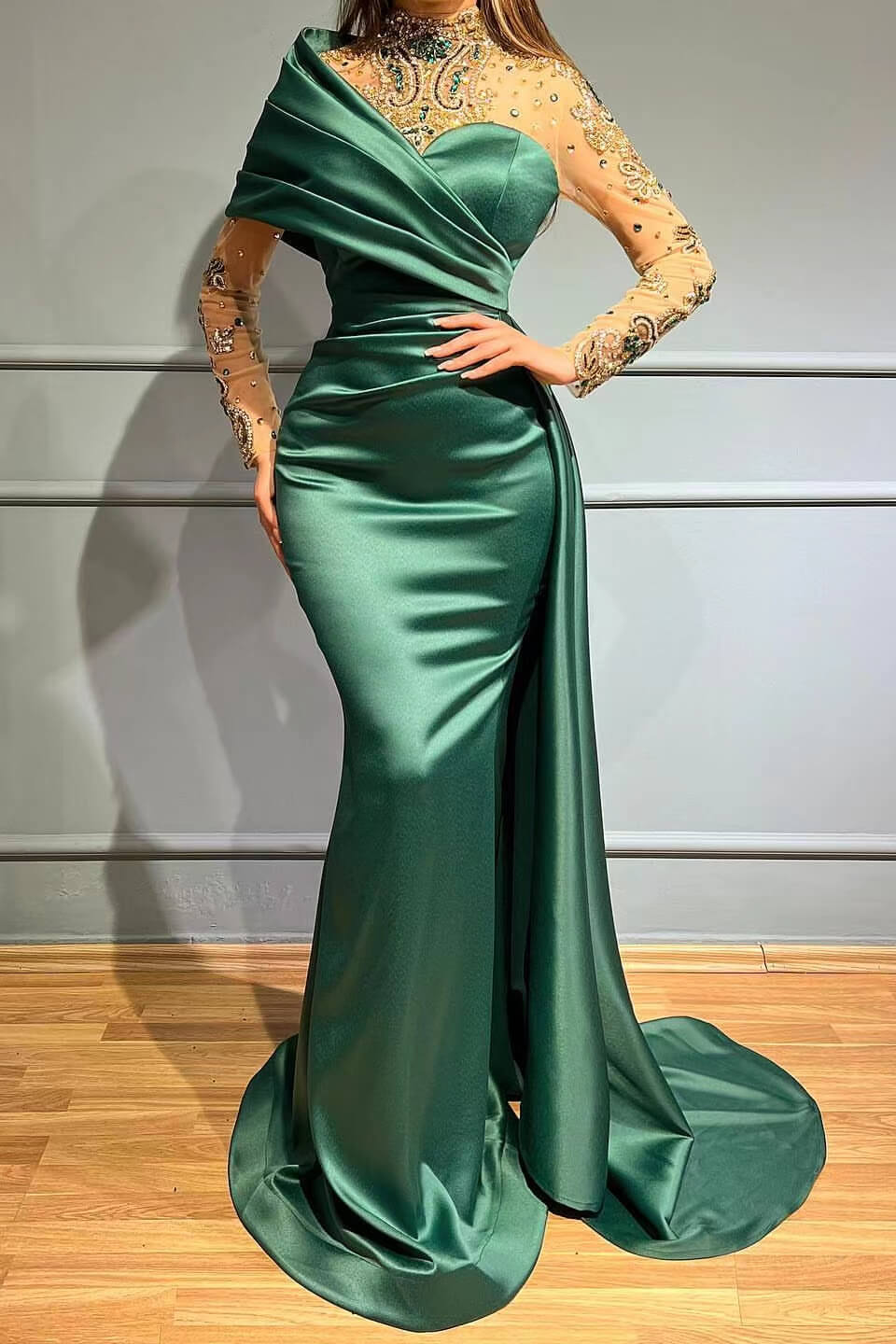 Long Sleeves Crystal Mermaid Prom Dress High Neck With Ruffles