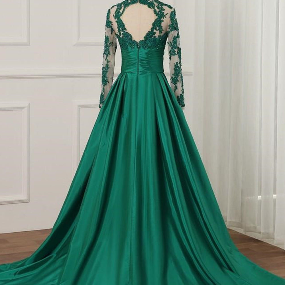 
                      
                        Long Sleeves High Neck Green Lace Prom Dresses, Green Lace Formal Dresses, Green Evening Dresses 
                      
                    