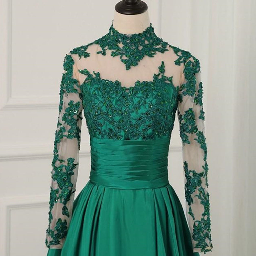 
                      
                        Long Sleeves High Neck Green Lace Prom Dresses, Green Lace Formal Dresses, Green Evening Dresses 
                      
                    