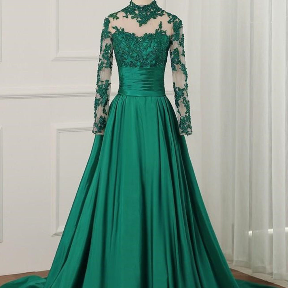 Long Sleeves High Neck Green Lace Prom Dresses, Green Lace Formal Dresses, Green Evening Dresses 