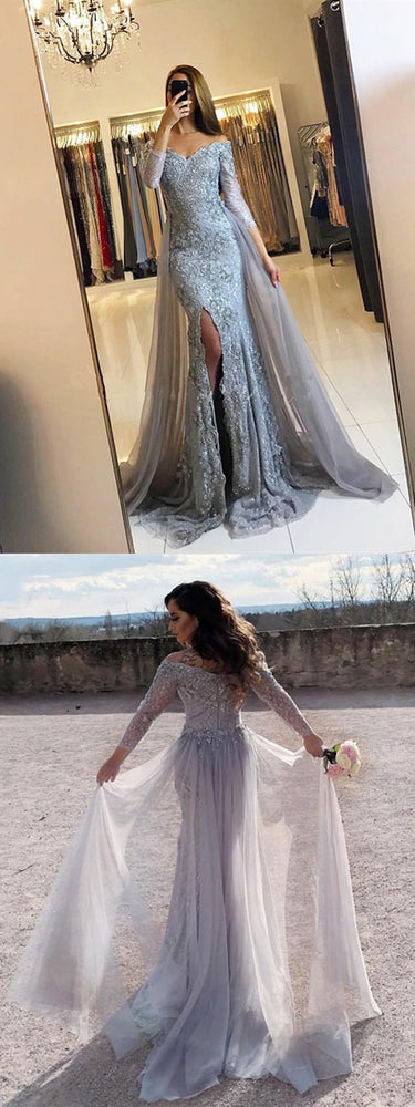 
                      
                        Long Sleeves Mermaid Black/Gray Lace Long Prom Dresses with Side Slit, Mermaid Lace Black/Gray Formal Dresses, Evening Dresses
                      
                    