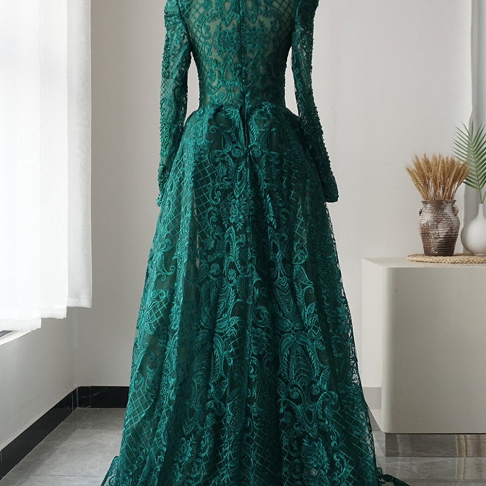 
                      
                        Long Sleeves Round Neck Green Lace Beaded Long Prom Dresses, Beaded Green Lace Formal Evening Dresses 
                      
                    