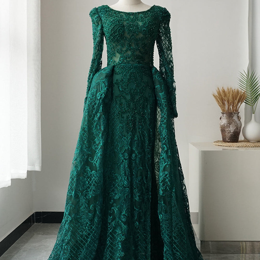 Long Sleeves Round Neck Green Lace Beaded Long Prom Dresses, Beaded Green Lace Formal Evening Dresses 