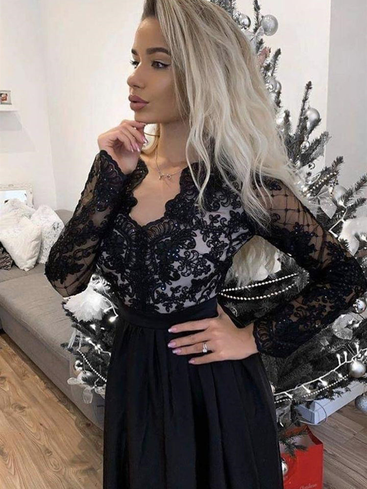 
                      
                        Long Sleeves V Neck Black Lace Long Prom Dresses with High Slit, Long Sleeve Black Lace Formal Graduation Evening Dresses
                      
                    