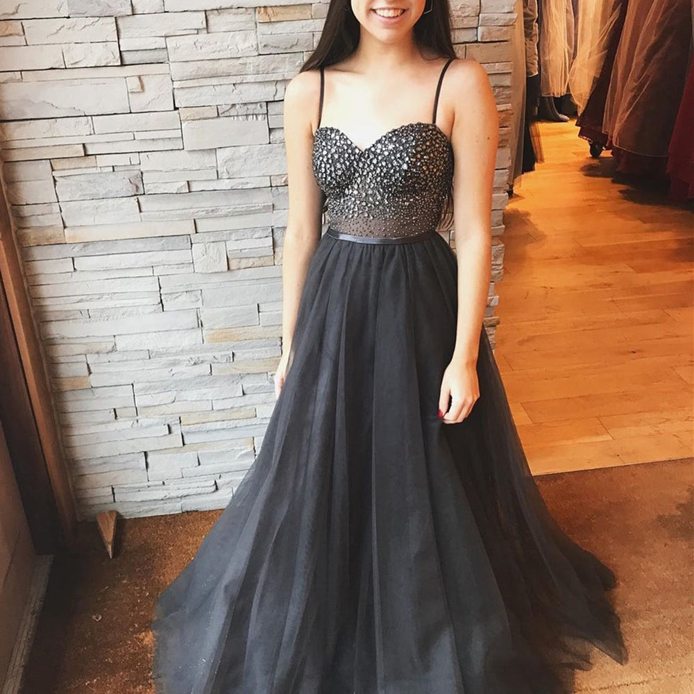 Luxurious Sweetheart Neck Rhinestone Black Long Prom Dresses, tti Straps Black Formal Dresses, Black Evening Dresses