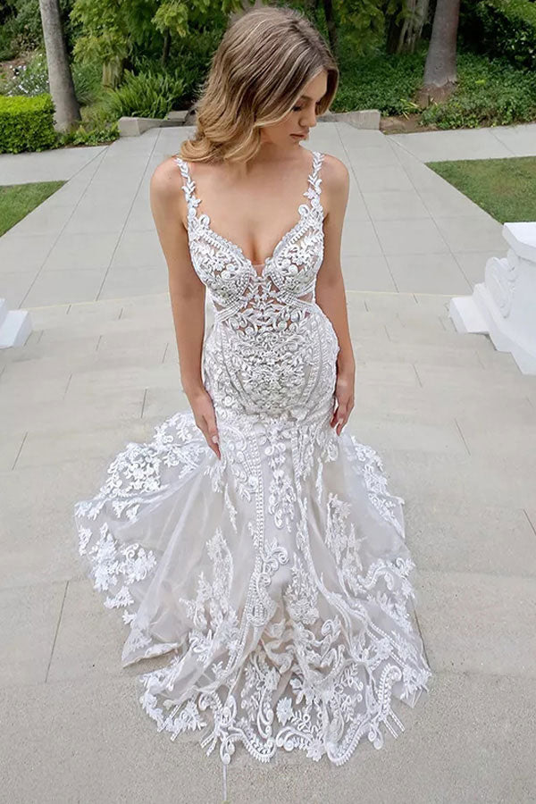 Luxury Mermaid Lace Wedding Dress Court Train Birdal Gown