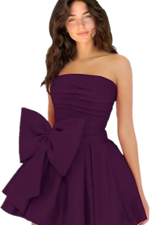 
                      
                        Sleeveless Ruched Short Homecoming Dresses Simple Mini Party Wear Dress with Bow
                      
                    