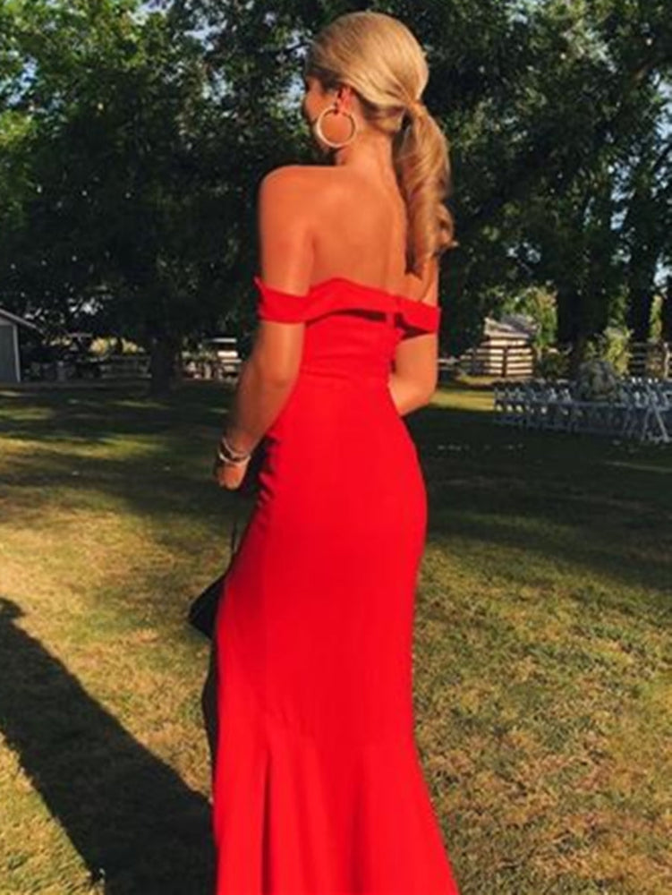 
                      
                        Maxi Off Shoulder Mermaid Long Red Prom Dresses with High Slit, Off Shoulder Red Formal Dresses, Mermaid Red Evening Dresses
                      
                    