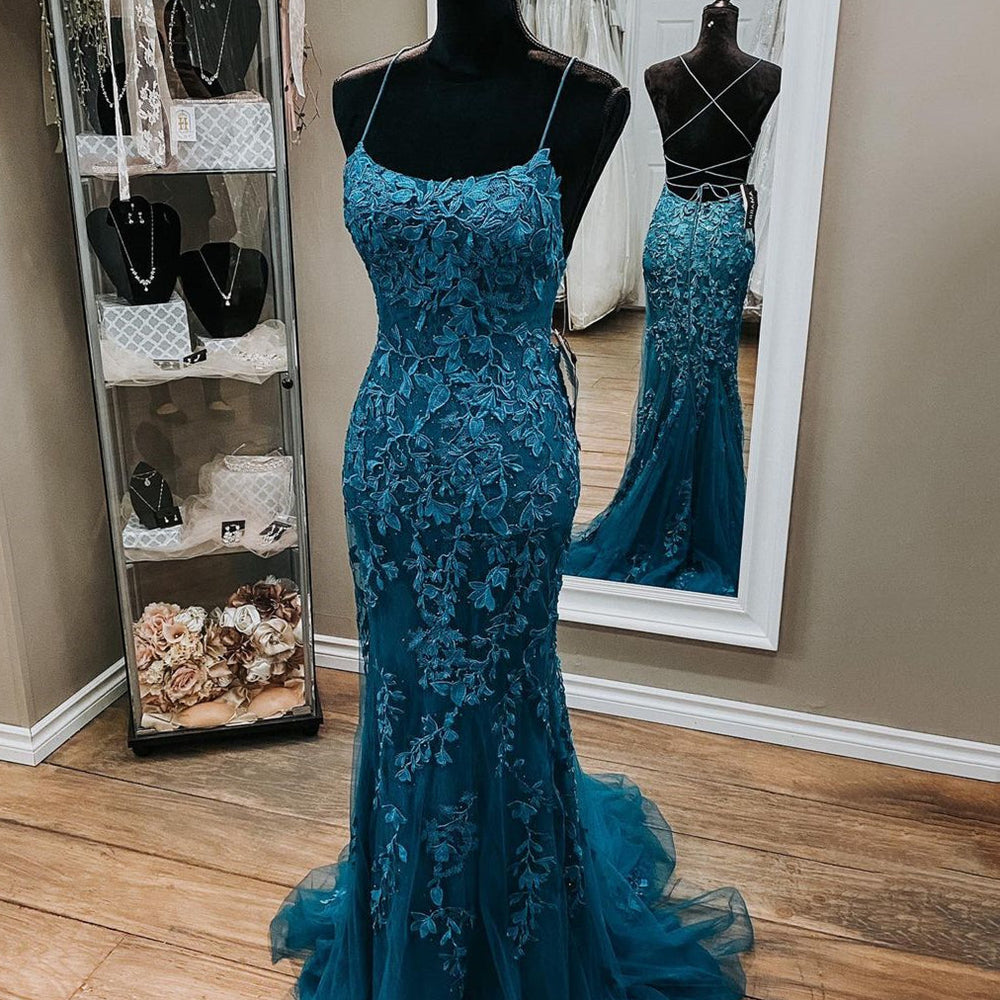 Mermaid Backless Dark Teal Lace Long Prom Dresses, Mermaid Teal Lace Formal Dresses, Teal Lace Evening Dresses