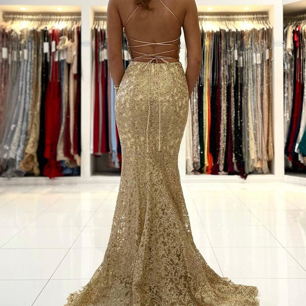 
                      
                        Mermaid Backless Golden Lace Long Prom Dresses, Mermaid Gold Formal Dresses, Golden Lace Evening Dresses
                      
                    