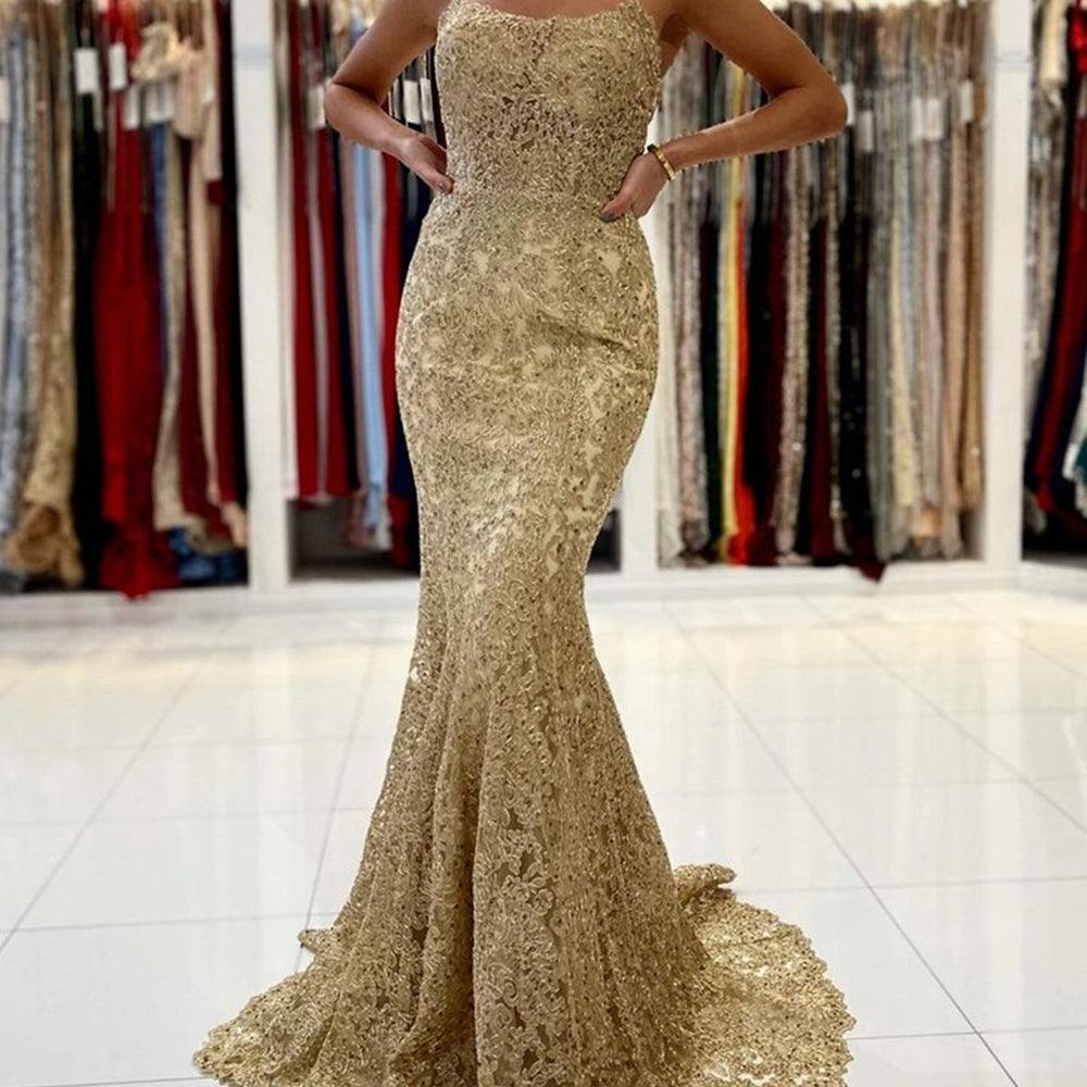 
                      
                        Mermaid Backless Golden Lace Long Prom Dresses, Mermaid Gold Formal Dresses, Golden Lace Evening Dresses
                      
                    