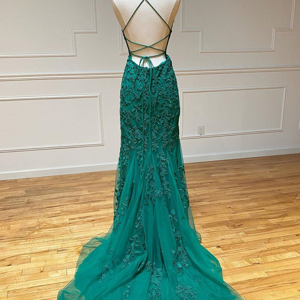 
                      
                        Mermaid Backless Green Lace Long Prom Dresses, Mermaid Green Formal Dresses, Green Lace Evening Dresses
                      
                    