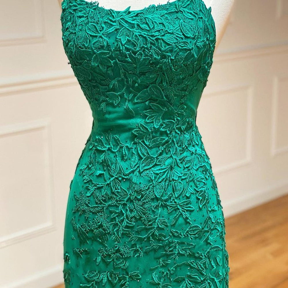 
                      
                        Mermaid Backless Green Lace Long Prom Dresses, Mermaid Green Formal Dresses, Green Lace Evening Dresses
                      
                    