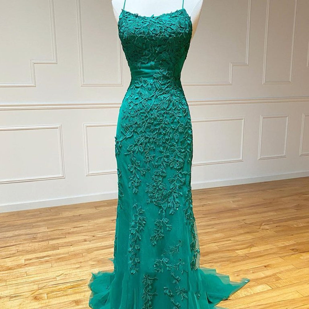 
                      
                        Mermaid Backless Green Lace Long Prom Dresses, Mermaid Green Formal Dresses, Green Lace Evening Dresses
                      
                    