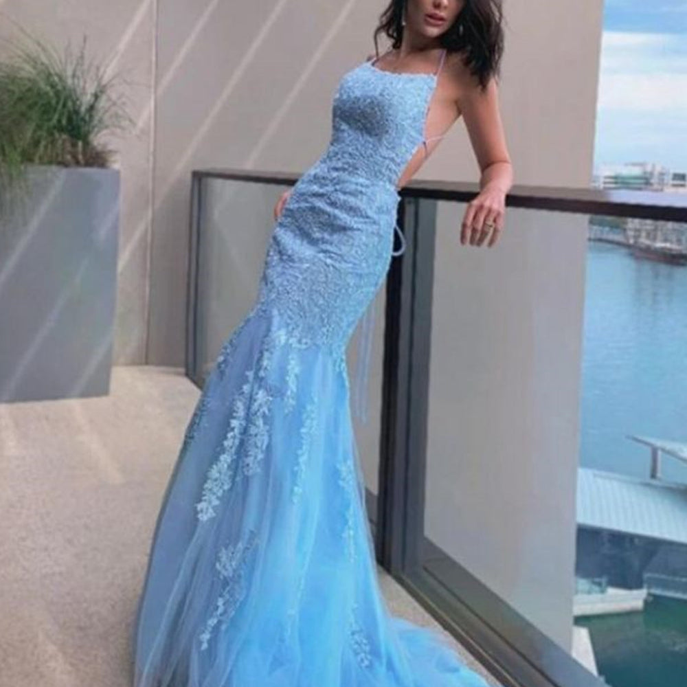 
                      
                        Mermaid Backless Light Blue Lace Long Prom Dresses, Mermaid Blue Formal Dresses, Light Blue Lace Evening Dresses 
                      
                    