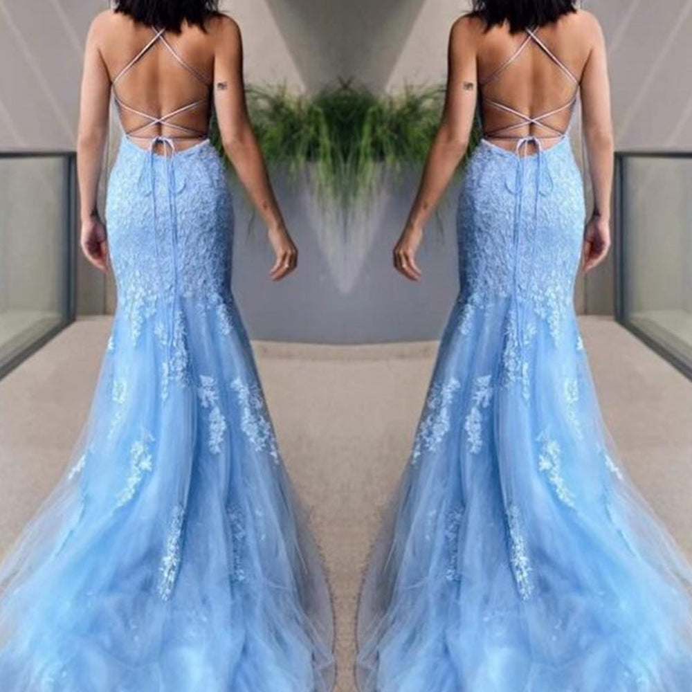 
                      
                        Mermaid Backless Light Blue Lace Long Prom Dresses, Mermaid Blue Formal Dresses, Light Blue Lace Evening Dresses 
                      
                    