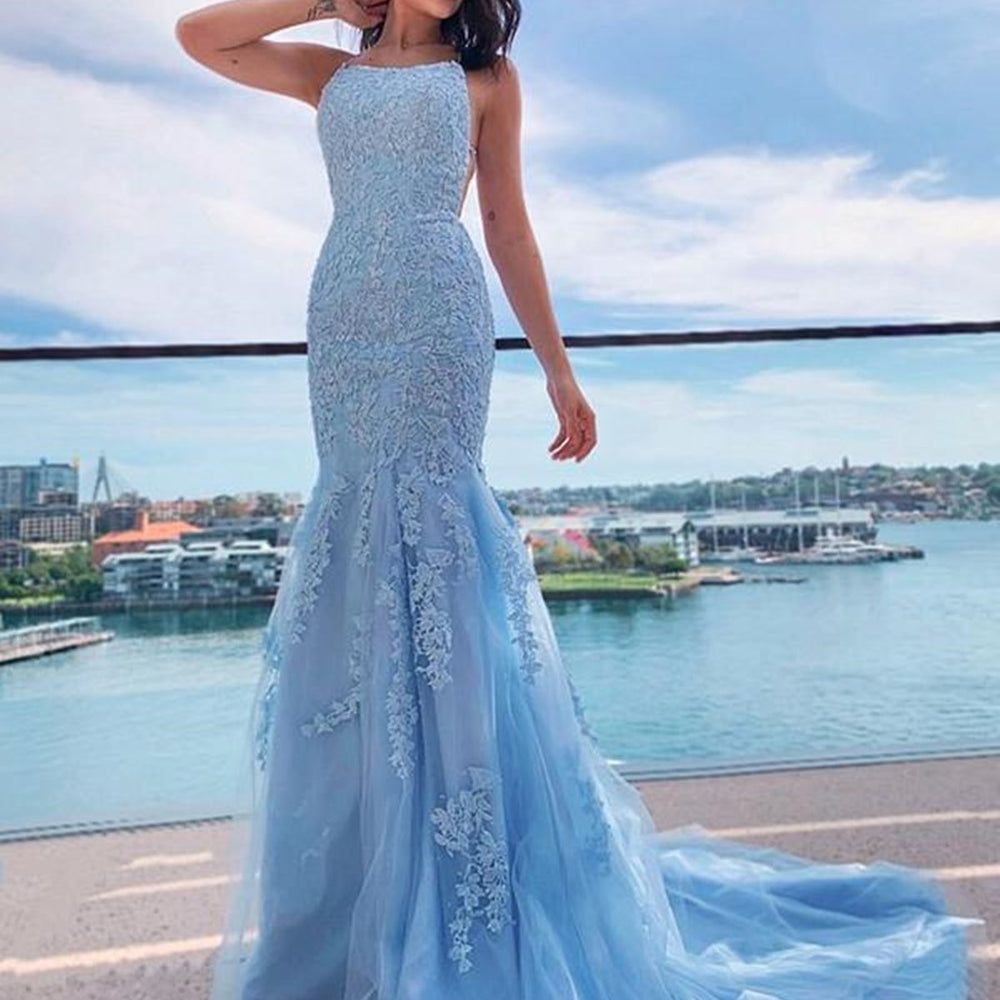 Mermaid Backless Light Blue Lace Long Prom Dresses, Mermaid Blue Formal Dresses, Light Blue Lace Evening Dresses 