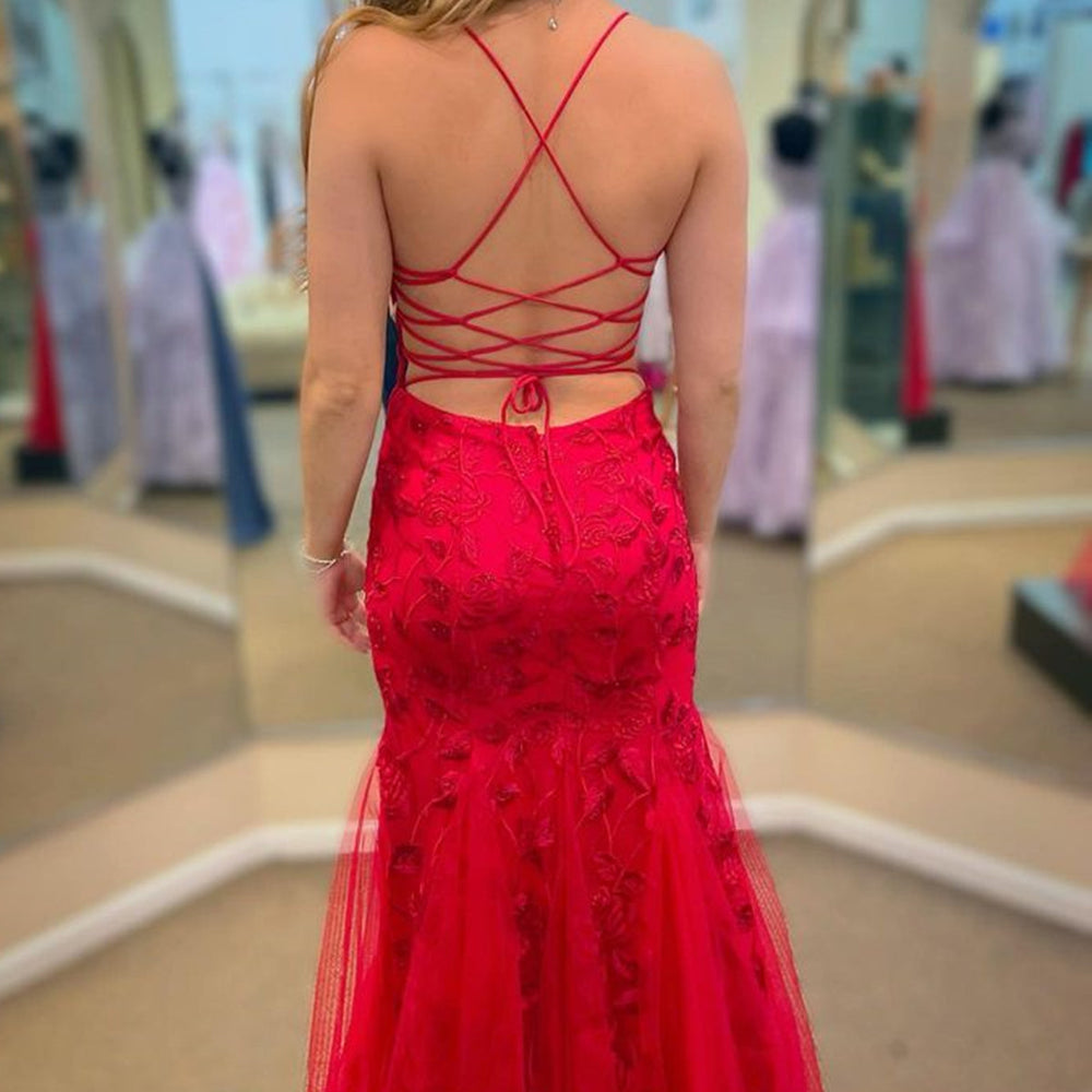 
                      
                        Mermaid Backless Red Lace Long Prom Dresses, Mermaid Red Formal Dresses, Red Lace Evening Dresses 
                      
                    